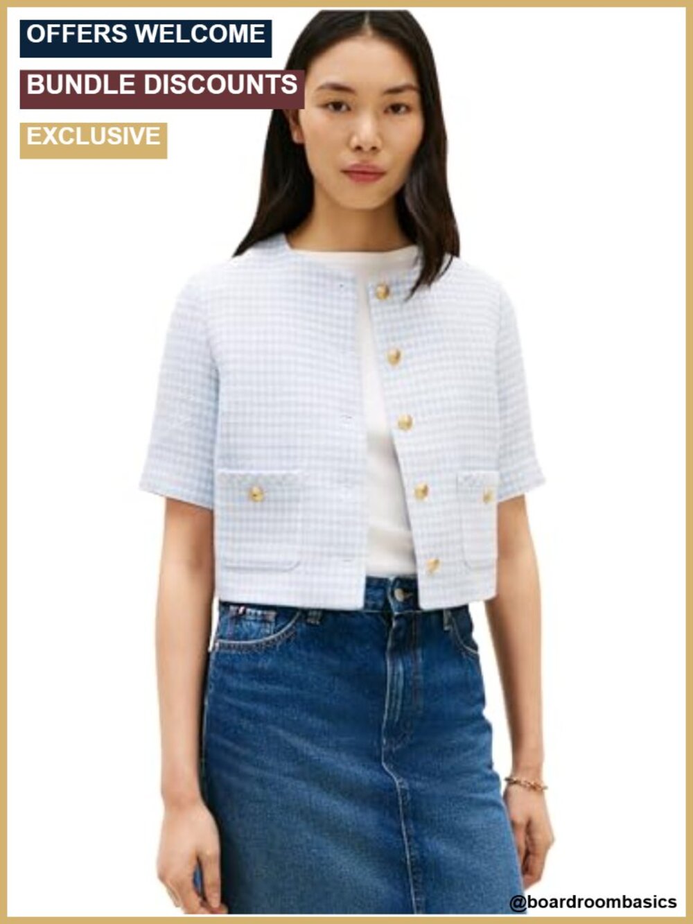 Women's Short Sleeve Tweed Cropped Blazer with Pockets